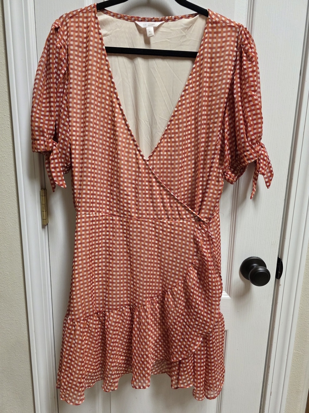 LC Lauren Conrad Rust-White Gingham Wrap Mini Dress